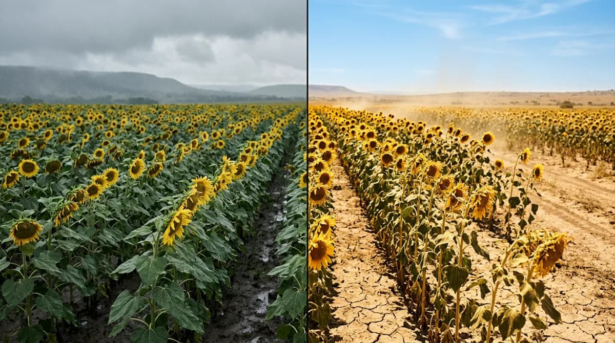 A split image of the same sunflower field: on the left a cool overcast rainy season, on the right a hot dry season with cracked earth