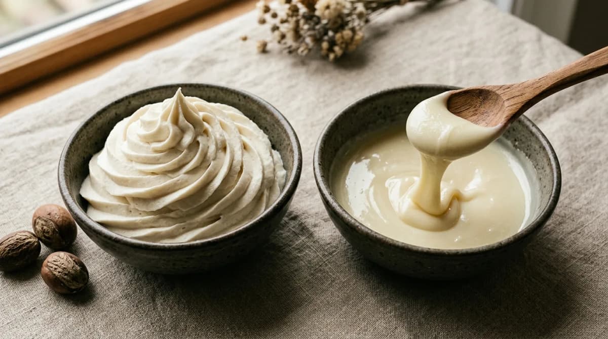 Two ceramic bowls of body butter: on the left a firm whipped swirl holding its shape, on the right a soft butter flowing off a wooden spoon