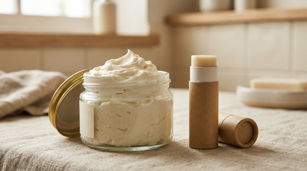 Whipped body butter in an open jar holding soft peaks, with a lip balm tube beside it