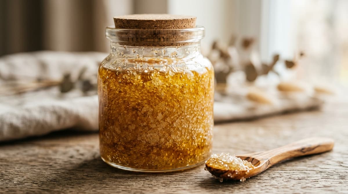 Sugar and oil scrub in a glass jar with the sugar crystals evenly suspended through the oil