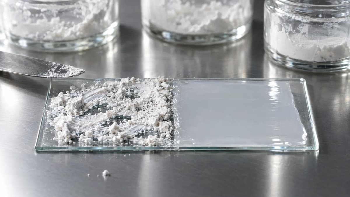 Close-up macro of a homemade zinc oxide balm showing visible white powder clumps next to a smooth professionally made sunscreen film on a glass slide, soft studio light, editorial beauty photography