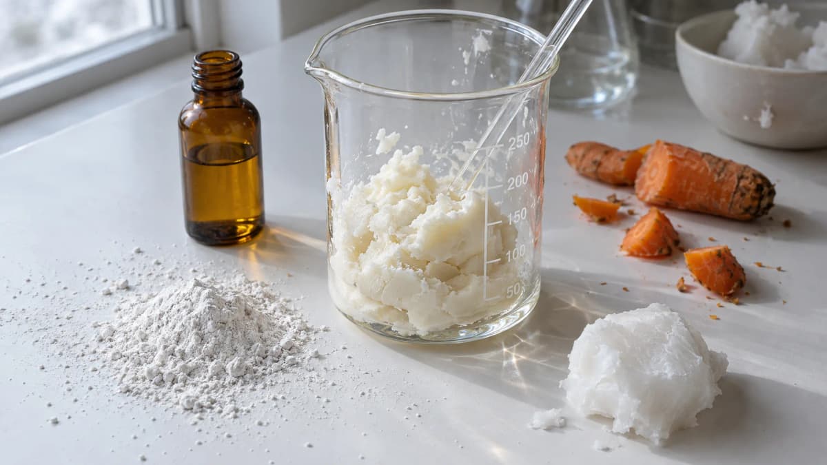 Flat lay of kitchen ingredients such as coconut oil, carrot, shea butter and zinc oxide powder beside a lab beaker, clean white background, magazine style