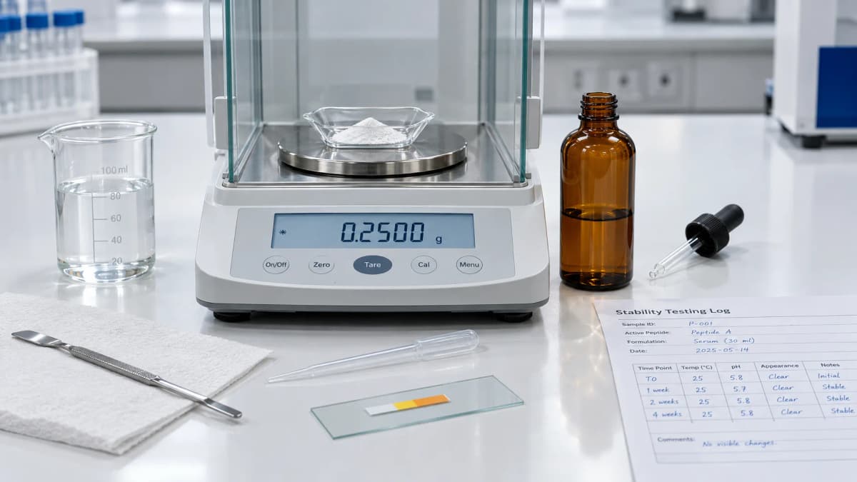 Cosmetic chemist weighing a single active powder next to a glass serum bottle in a bright lab, editorial beauty style