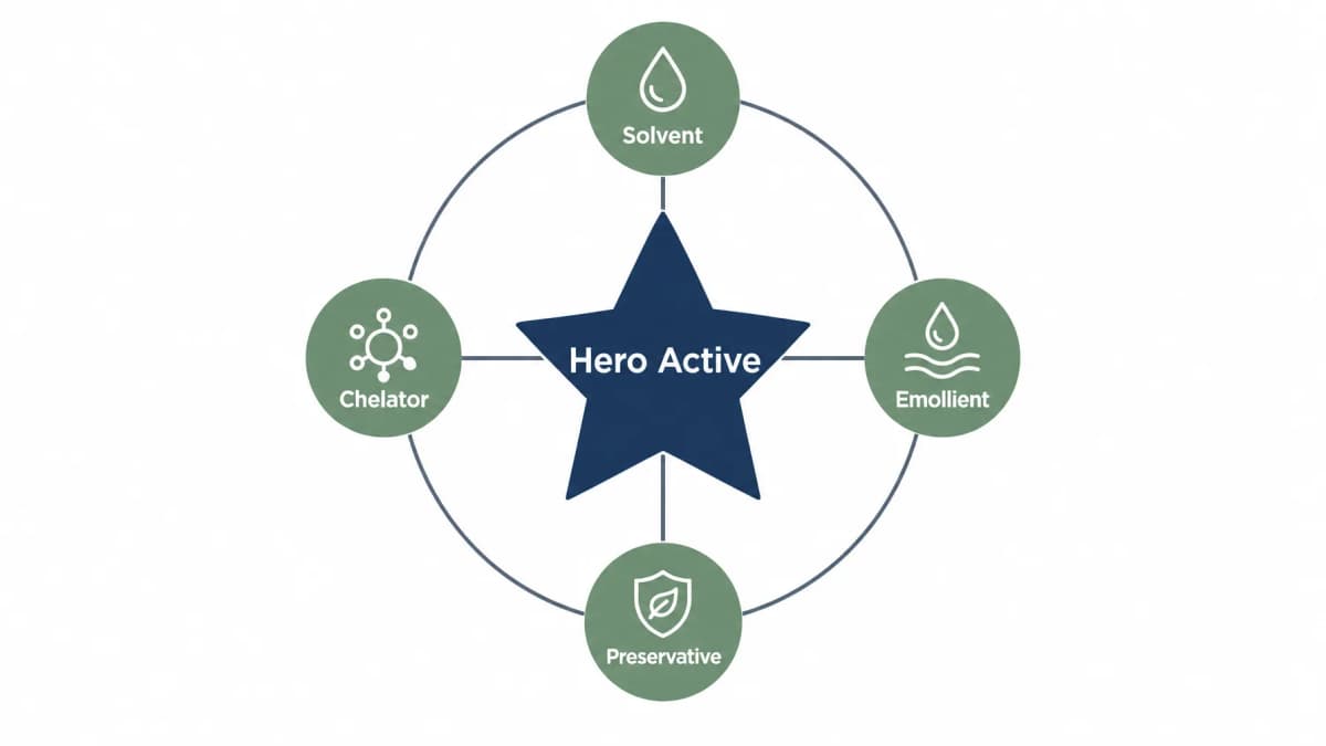 Infographic of a formula as a star surrounded by supporting ingredients: solvent, chelator, preservative, emollient
