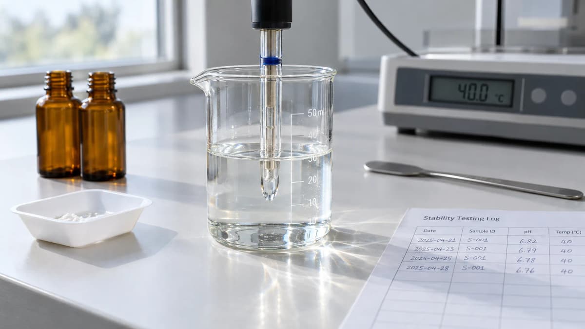 pH meter testing a clear serum in a beaker, soft natural light