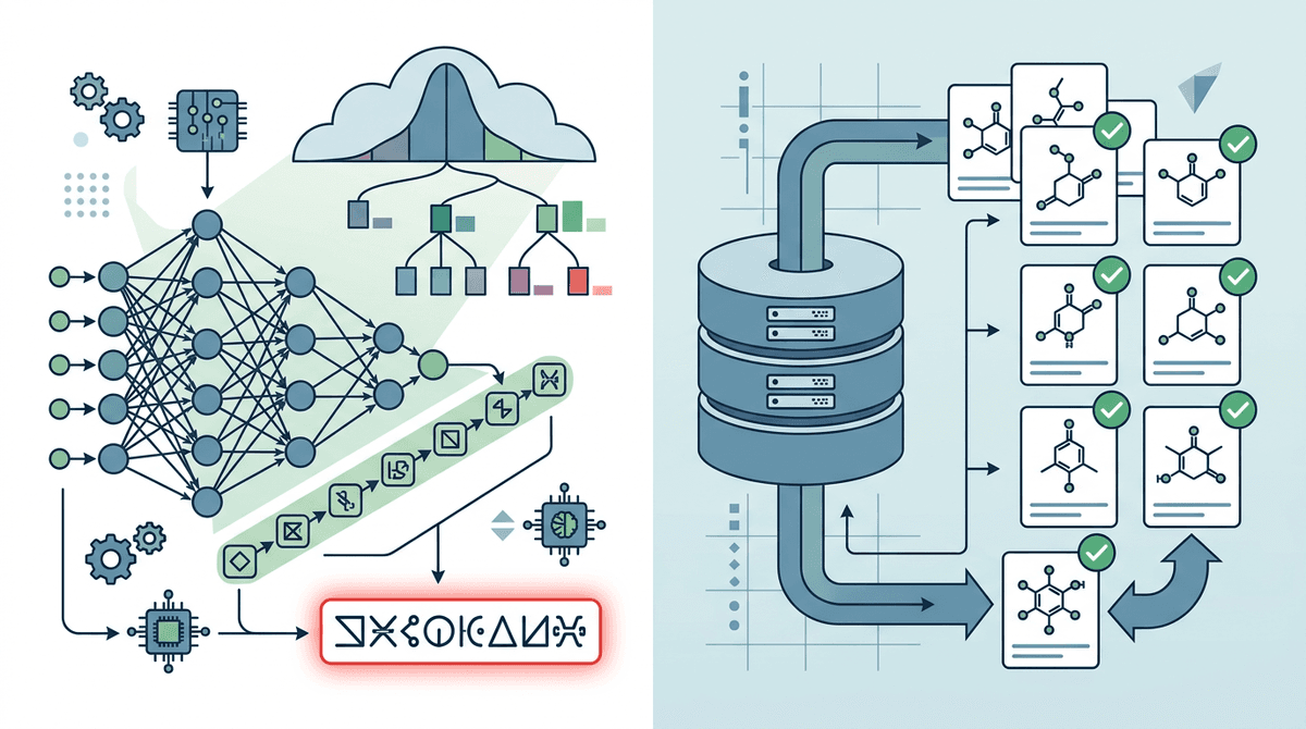 Educational scientific diagram, flat vector infographic style: split-panel comparison showing on the left a neural network node graph generating a token-by-token text sequence with a probability distribution cloud producing a fabricated chemical name in red highlight, and on the right a database icon with verified INCI molecule cards and green checkmarks being retrieved and matched, arrows illustrating information flow, clean minimalist scientific illustration, labeled with abstract icons not real text, muted blue and green palette