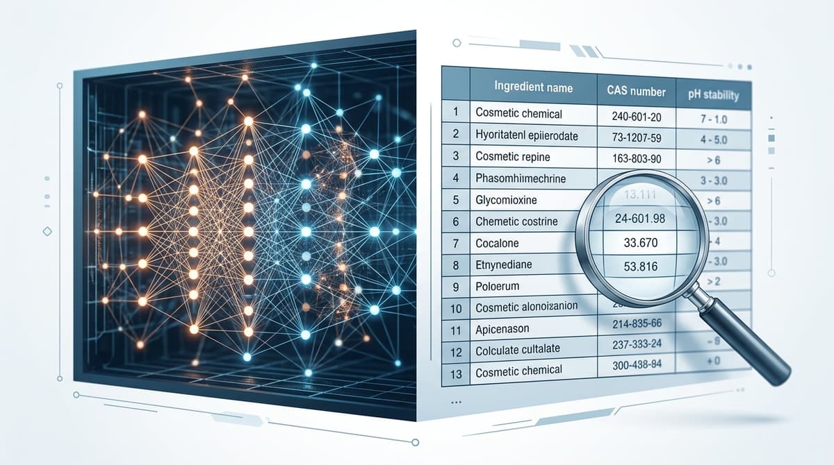 Scientific illustration, cross-section comparison diagram: on one side a dense abstract network of glowing interconnected neural weights representing distributed parametric memory of an AI model, on the other side a structured relational database table with rows and columns showing ingredient name, CAS number and pH stability fields, a magnifying glass hovering over a specific correct data cell, clean technical infographic style, cool blue and white color scheme, no human figures