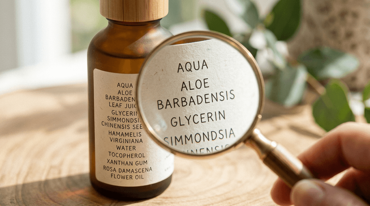 Close-up of INCI ingredient list on a cosmetic bottle label with a magnifying glass, minimalist beauty editorial style