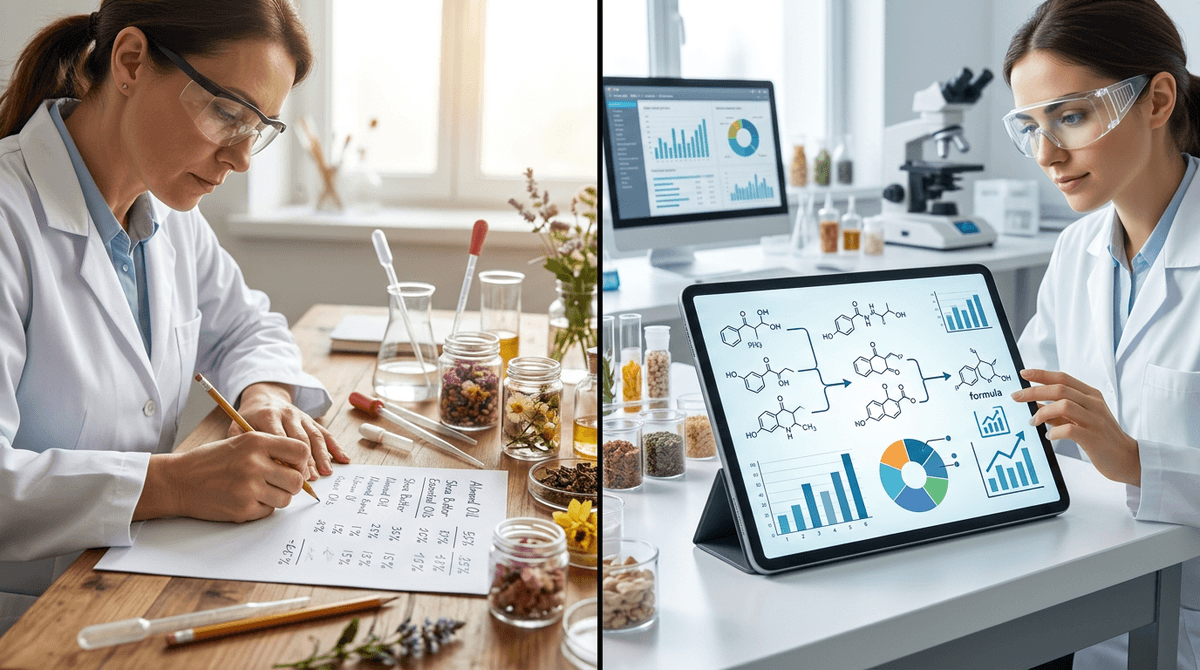 Split image comparing a chemist manually calculating percentages on paper versus an AI interface generating a formula, contrast of analog and digital