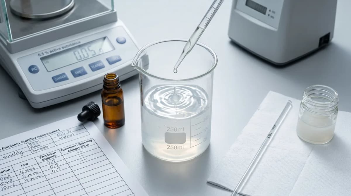 Close-up of hands pipetting a preservative into a cosmetic base, lab gloves, clean white background