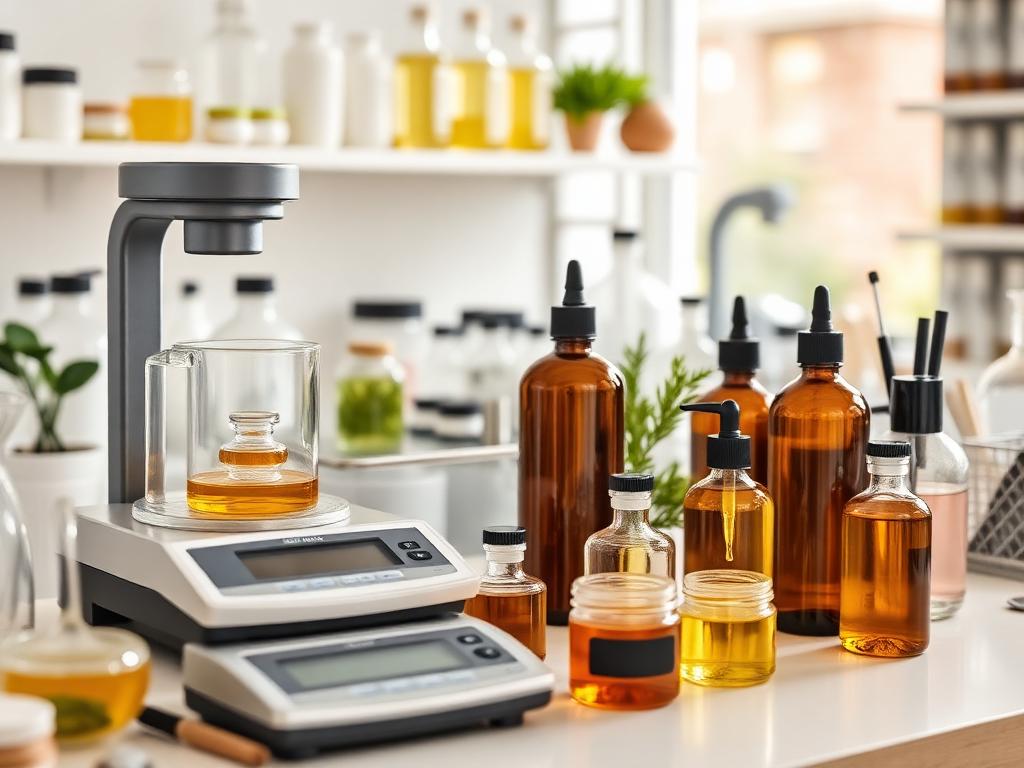 Formulator's workspace with scales and oils