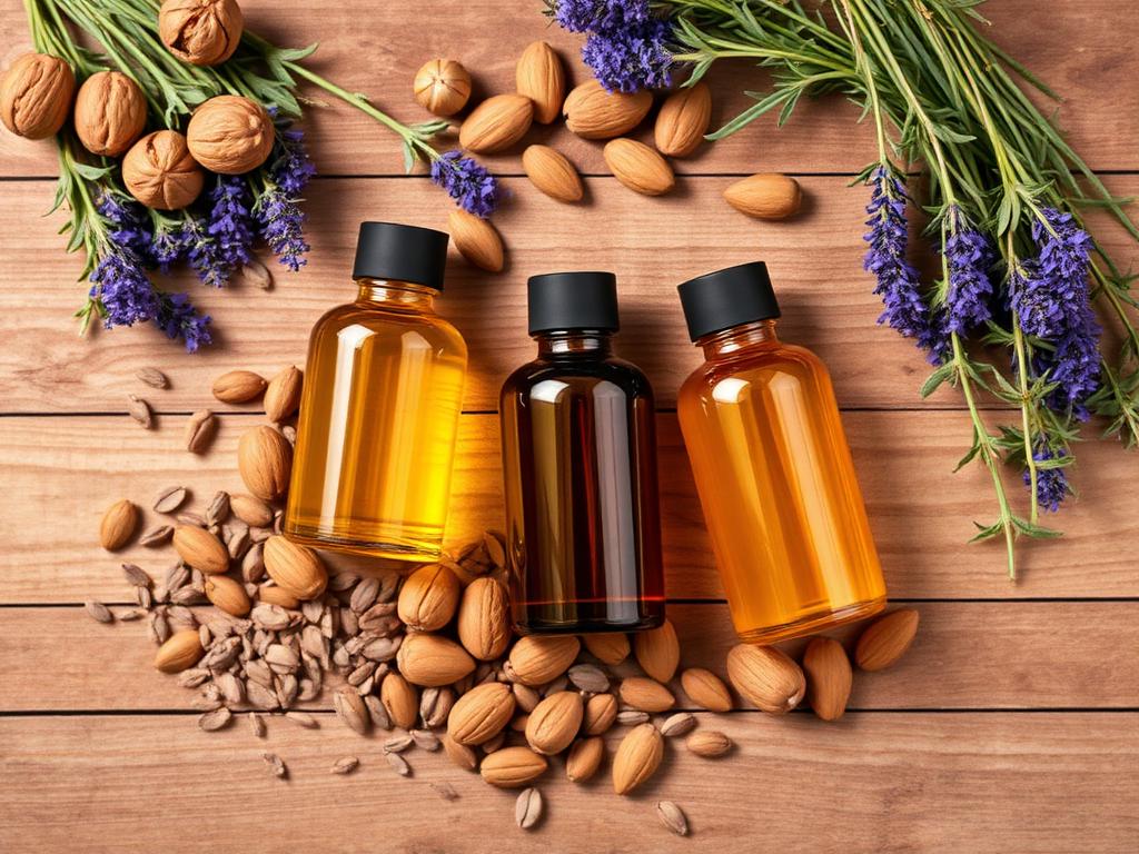 Vegetable oils in amber bottles, nuts, seeds, and flowers